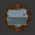 Traditional Stone And Wooden Building With Blue Tiled Roof Arched Doorway And Rail Tracks