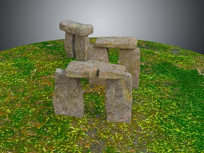 Natural Wood And Stone Outdoor Structures Set On Lush Green Grassland Area 3d model