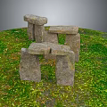Natural Wood And Stone Outdoor Structures Set On Lush Green Grassland Area