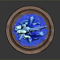 Blue Curved Decorative Plant Sculpture Featuring Brown Base and Luminous Fragments