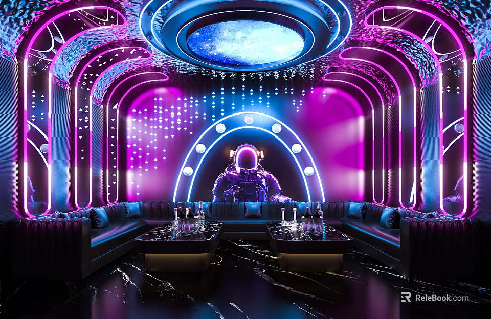 Modern KTV Lounge Interior With Neon Purple Blue Lights Astronaut Decor Sofas Tables And Galaxy Ceiling 3d model 