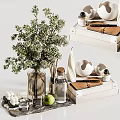 Elegant Decorative Ornament Set With Green Moss Ball Stacked Books Dried Flowers And Ceramic Vase