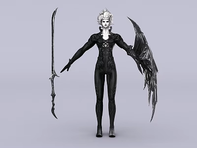 Dark Fantasy Game Movie Character With White Hair Black Ornate Outfit And Leather Wings 3d model
