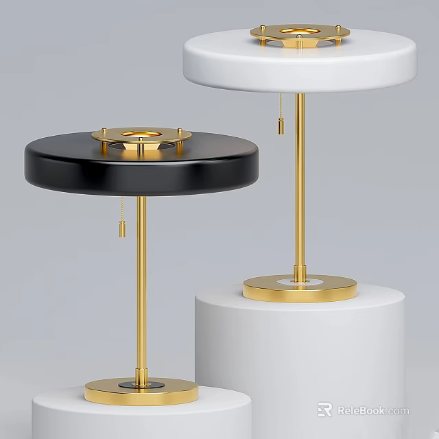 Stylish Black And White Table Lamp With Gold Stand And Round Base 3d model 