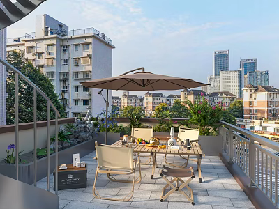 Luxury Villa Balcony With Outdoor Furniture Patio Umbrella And City View 3d model