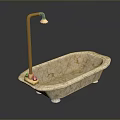 Elegant Cream Marble Bathtub With Golden Curved Faucet And Base Design