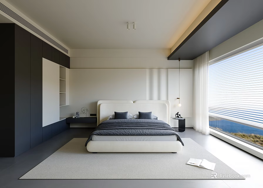 Modern Bedroom Interior Design With White Bed Dark Cabinets Window Blinds And Area Rug 3d model 