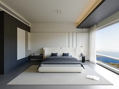 Modern Bedroom Interior Design With White Bed Dark Cabinets Window Blinds And Area Rug 3d model
