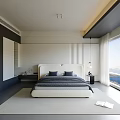 Modern Bedroom Interior Design With White Bed Dark Cabinets Window Blinds And Area Rug 3d model