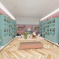 Colorful Toy Store Interior With Pink Walls Blue Shelves And Various Dolls