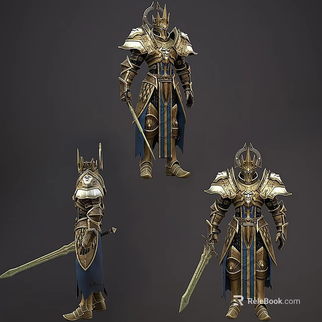 Game and Movie Character in Golden Blue Armor with Long Sword Fantasy Design 3d model 