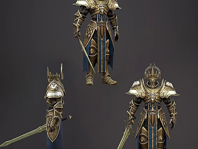 Game and Movie Character in Golden Blue Armor with Long Sword Fantasy Design 3d model