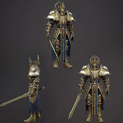 Game and Movie Character in Golden Blue Armor with Long Sword Fantasy Design 3d model