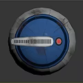 Metallic Sphere Device With Blue Surface Red Button And Silver Grille