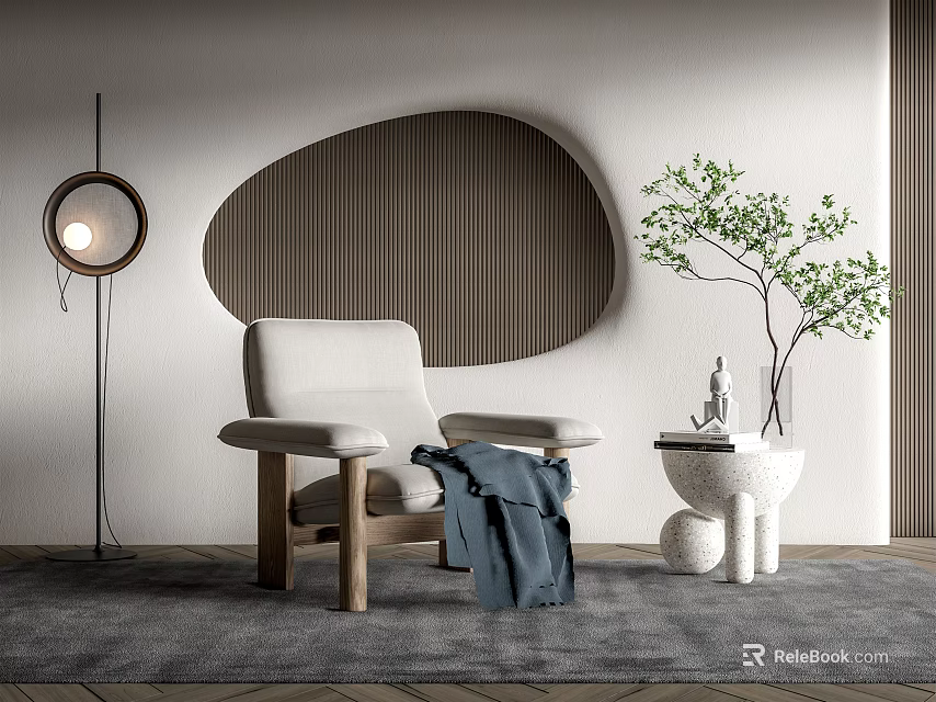 Modern Single seater Sofa with Wooden Legs Floor Lamp Green Plant and Arched Wall Design 3d model 