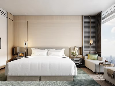 Hotel Room Interior With Large Bed White Linens Light Wooden Walls And City View Windows 3d model