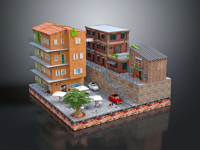 Miniature Model Scene With Colorful Multi Story Buildings Red Car Outdoor Tables And Tree 3d model