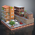 Miniature Model Scene With Colorful Multi Story Buildings Red Car Outdoor Tables And Tree