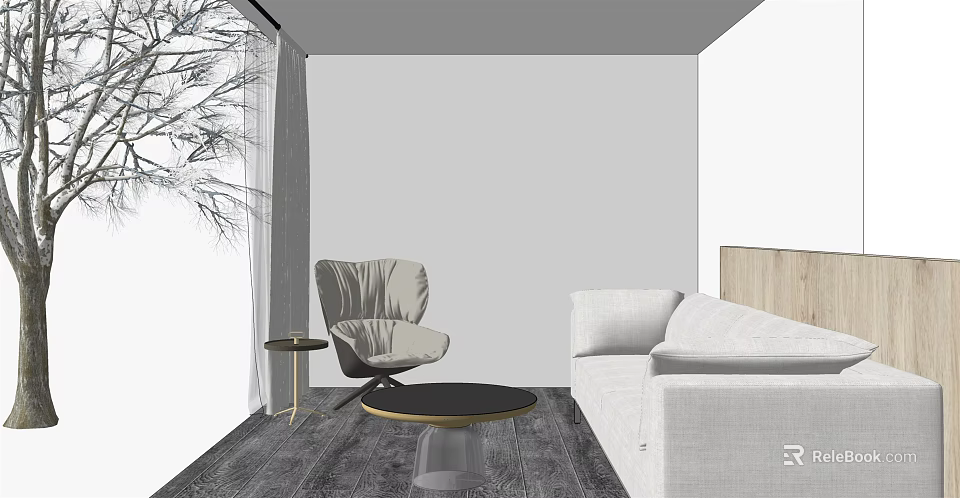 Modern Living Room Sofa and Coffee Table Set With White Sofa Black Table Gray Chair Dark Floor 3d model 