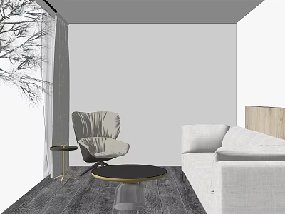 Modern Living Room Sofa and Coffee Table Set With White Sofa Black Table Gray Chair Dark Floor 3d model