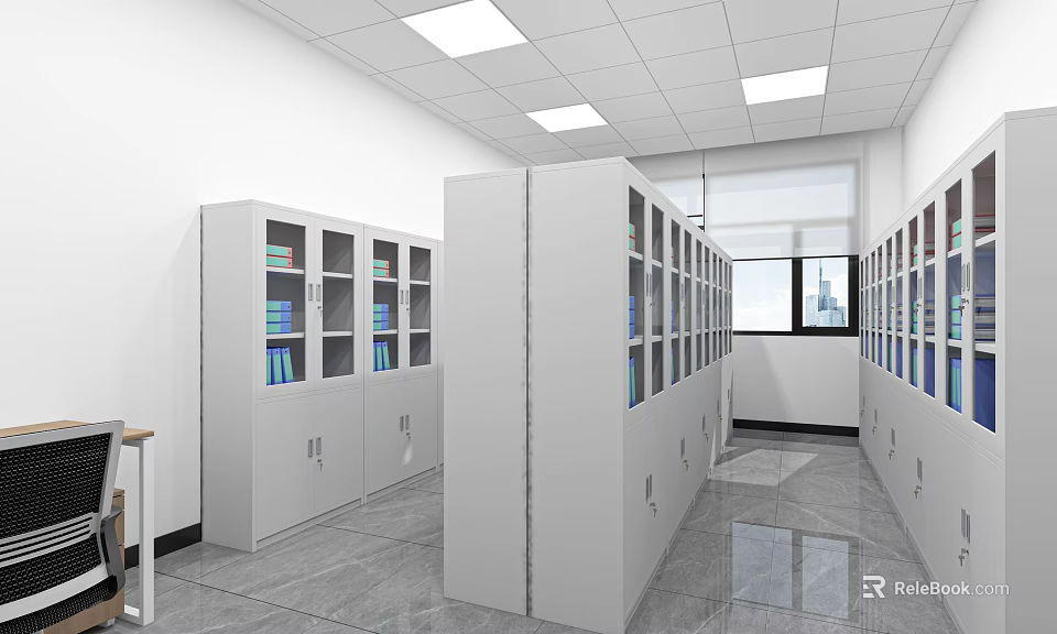 Laboratory Interior With White Glass Door Cabinets And Organized Storage Shelves 3d model 