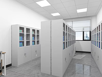 Laboratory Interior With White Glass Door Cabinets And Organized Storage Shelves 3d model
