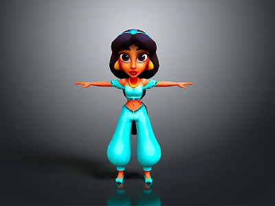 Animated Princess Character With Long Black Hair Blue Outfit And Outstretched Arms 3d model