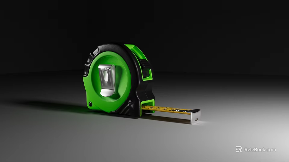 Green And Black Tape Measure With Yellow Measuring Tape On Gray Surface 3d model 