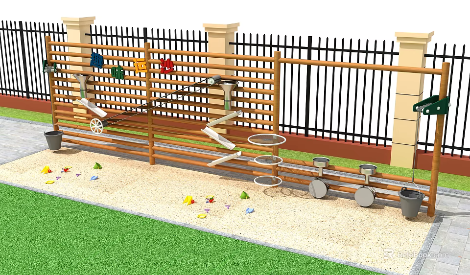 Kindergarten Outdoor Playground With Wooden Climbing Structure Colorful Toys Iron Fence Grass Lawn Sand Area 3d model 