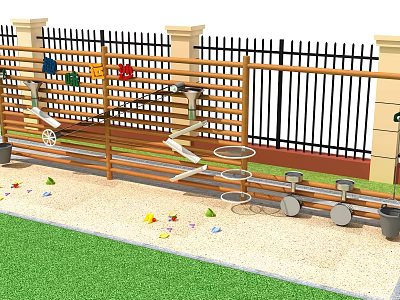 Kindergarten Outdoor Playground With Wooden Climbing Structure Colorful Toys Iron Fence Grass Lawn Sand Area 3d model