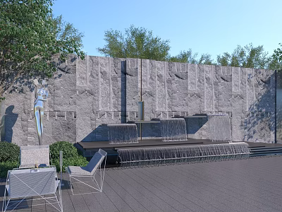 Natural Stone Feature Wall With Cascading Waterfalls Outdoor Seating And Greenery Surroundings 3d model