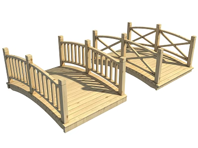 Two Wooden Arched Bridges With X Shaped Railings For Garden Landscape Design 3d model