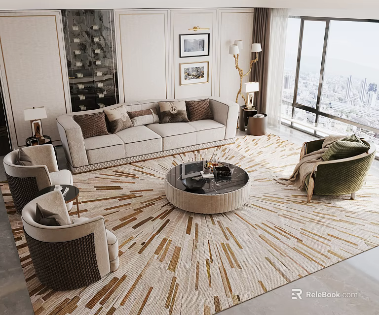Elegant Modern Sofa And Round Coffee Table Set With Brown Cushions Area Rug And Armchairs 3d model 