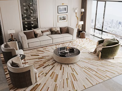 Elegant Modern Sofa And Round Coffee Table Set With Brown Cushions Area Rug And Armchairs 3d model