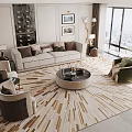 Elegant Modern Sofa And Round Coffee Table Set With Brown Cushions Area Rug And Armchairs