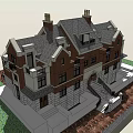 Semi Detached Villa Exterior With Red Brick Stone Sloped Roof Arched Porch And Greenery