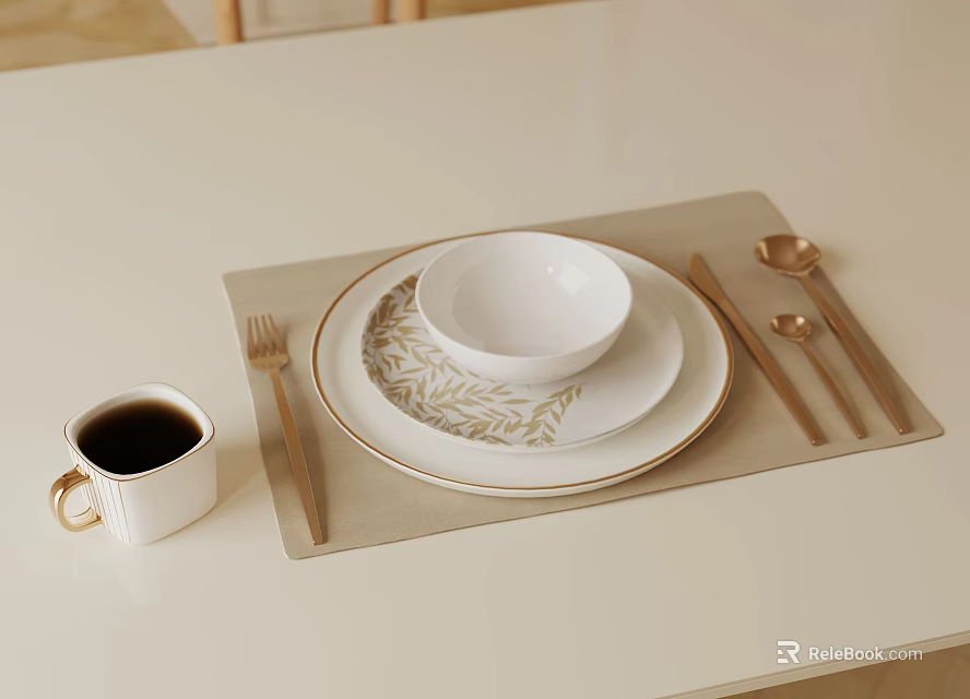 Elegant White Dinnerware Set With Bowl Plate Leaf Pattern Placemat Fork Spoon And Coffee Cup 3d model 