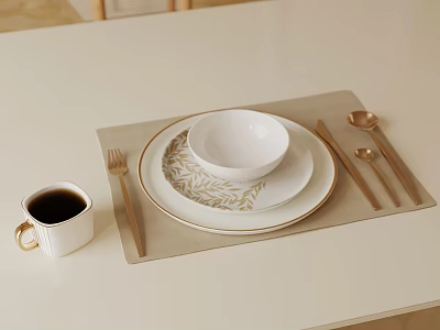 Elegant White Dinnerware Set With Bowl Plate Leaf Pattern Placemat Fork Spoon And Coffee Cup 3d model