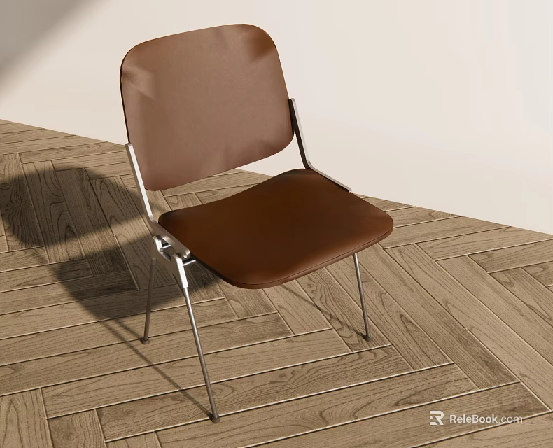 Stylish Brown Leather Leisure Chair With Silver Metal Legs On Wooden Floor 3d model 