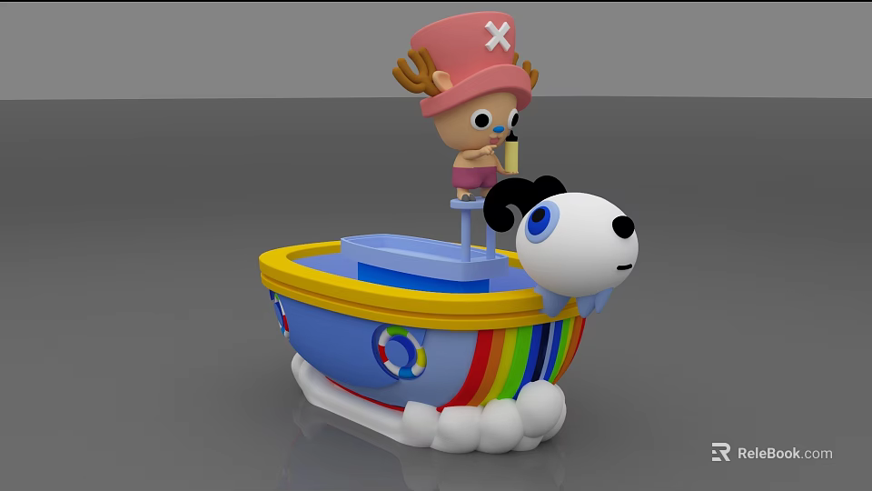 Fish Tank Aquarium With Cartoon Character Boat Decorations Rainbow Stripes Lifebuoy And White Dog Figure 3d model 