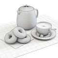 Cup of Coffee with Chocolate Donuts White Teapot and Sugar Cubes on Patterned Mat