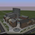 Modern Commercial Complex With Glass Facade Central Fountain Green Lawns And Accessible Roads