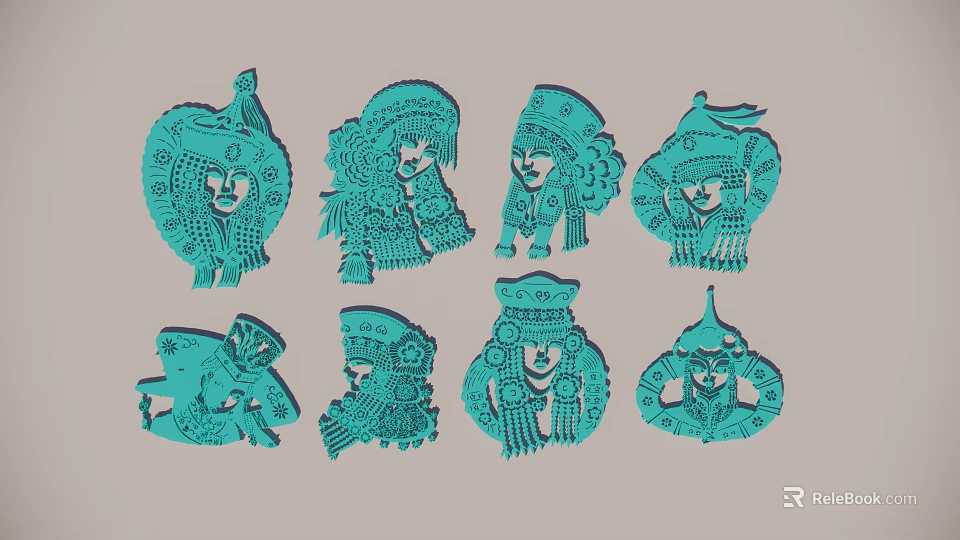 Blue Pendants With Traditional Patterns And Human Figures Hand Carved Hollowed Out Ethnic Decorations 3d model 