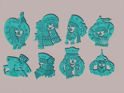 Blue Pendants With Traditional Patterns And Human Figures Hand Carved Hollowed Out Ethnic Decorations 3d model