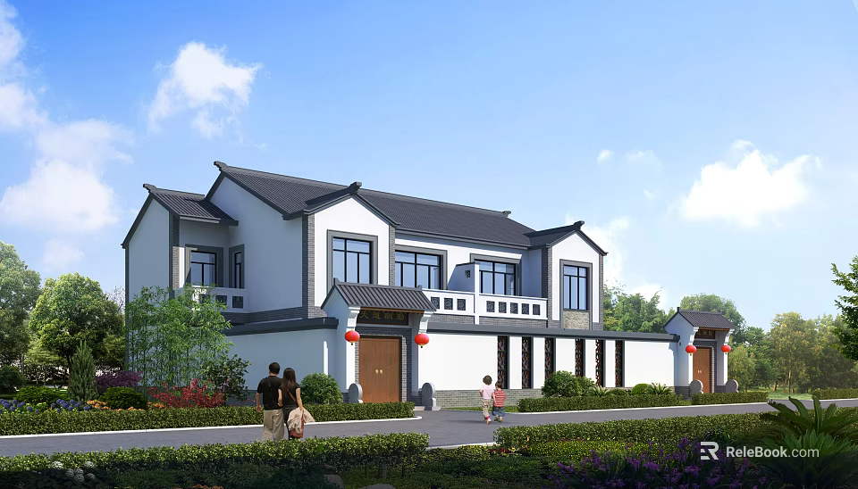 Traditional Chinese Style Detached Villa With White Walls Red Lanterns And Greenery 3d model 
