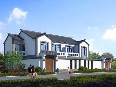 Traditional Chinese Style Detached Villa With White Walls Red Lanterns And Greenery 3d model