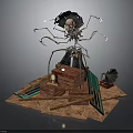 Steampunk Mechanical Device With Multiple Metal Arms Skull Top And Wooden Platform