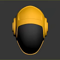 3D Rendered Black And Gold Helmet With Glossy Surface Metallic Frame Reflective Base