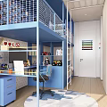 Blue Kids Room Interior With Bunk Bed Ladder Desk Chair And Wall Decorations