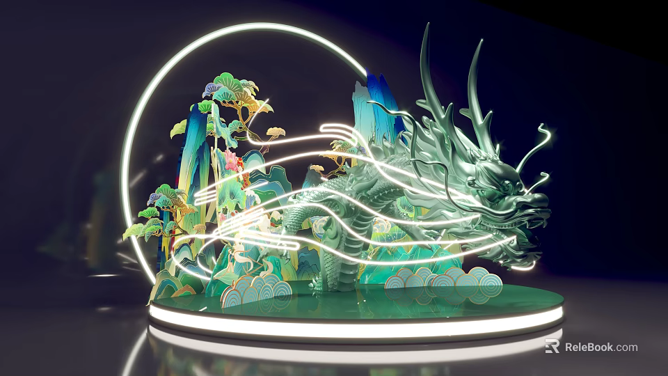 Chinese Traditional Illuminated Dragon Sculpture Photo Spot With Mountains Clouds Trees And Lighting Effects 3d model 